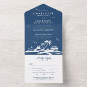 Navy Blue Tropical Beach Seaside Boho RSVP Wedding All In One Uitnodiging (Binnen)
