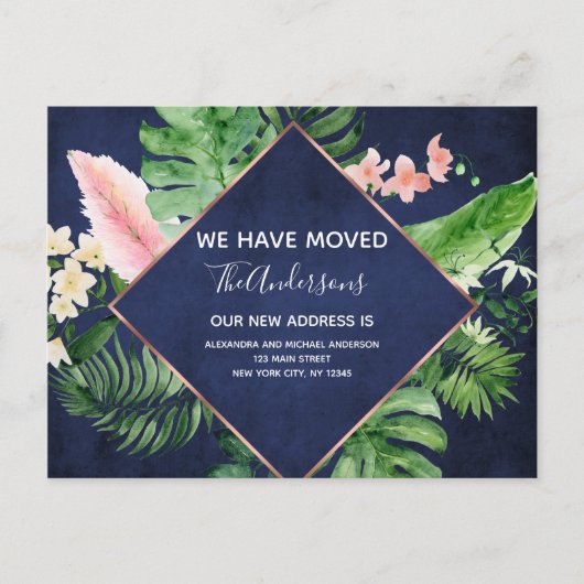 Navy Blue Tropical Floral Bewegende Aankondiging (Voorkant)