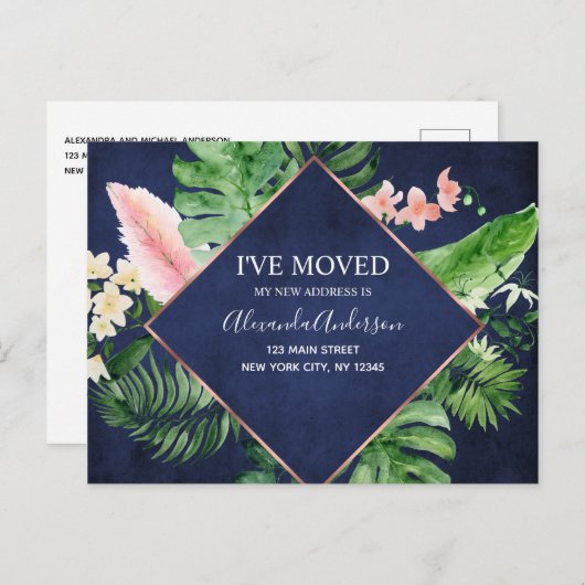 Navy Blue Tropical Floral Bewegende Aankondiging (Voorkant / Achterkant)