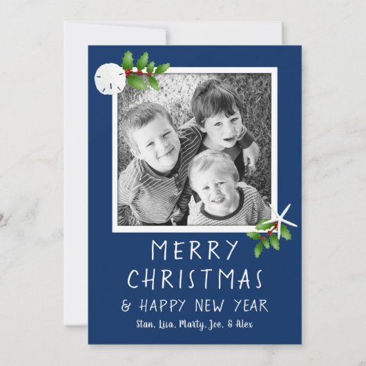 Navy Blue Tropical kerstfotokaarten Feestdagenkaart (Voorkant)