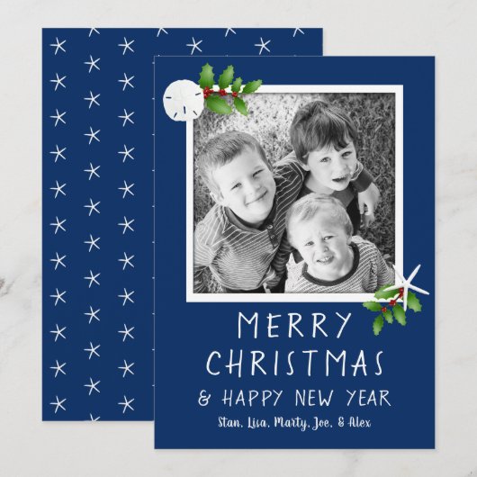 Navy Blue Tropical kerstfotokaarten Feestdagenkaart (Voorkant / Achterkant)