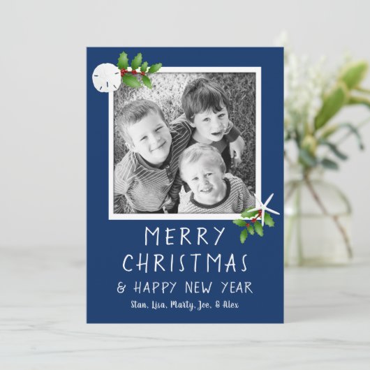 Navy Blue Tropical kerstfotokaarten Feestdagenkaart (Staand voorkant)