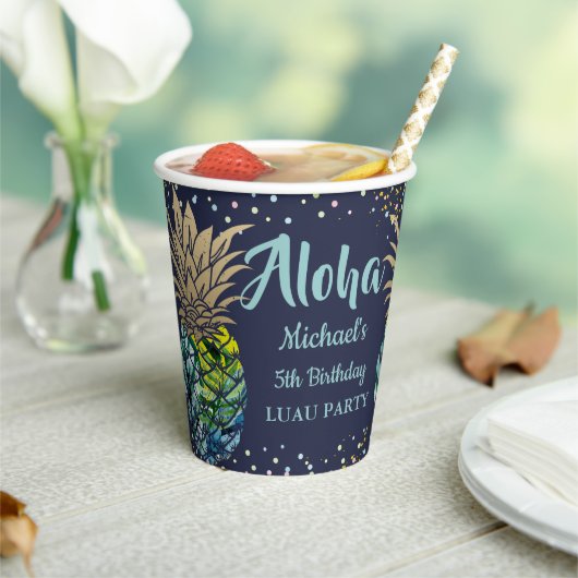 Navy Blue Tropical Luau Pineapple Birthday Papieren Bekers (Insitu)