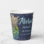 Navy Blue Tropical Luau Pineapple Birthday Papieren Bekers (Voorkant)