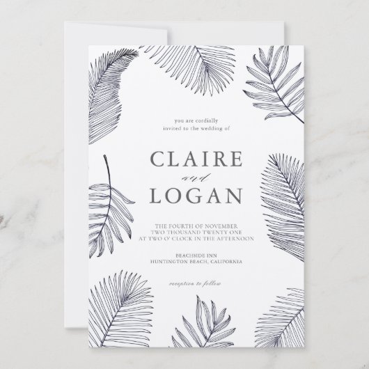 Navy Blue Tropical Palm Tree Weddenschap Kaart (Voorkant)