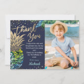 Navy Blue Tropical Pineapple Beach Party foto Bedankkaart (Voorkant)