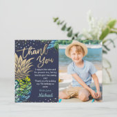 Navy Blue Tropical Pineapple Beach Party foto Bedankkaart (Staand voorkant)