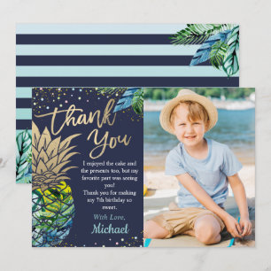 Navy Blue Tropical Pineapple Beach Party foto Bedankkaart