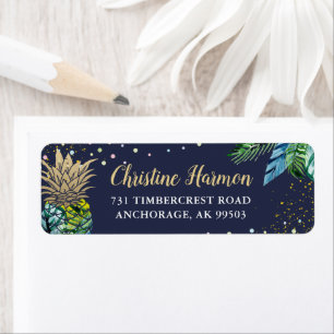 Navy Blue Tropical Pineapple Return Address Etiket