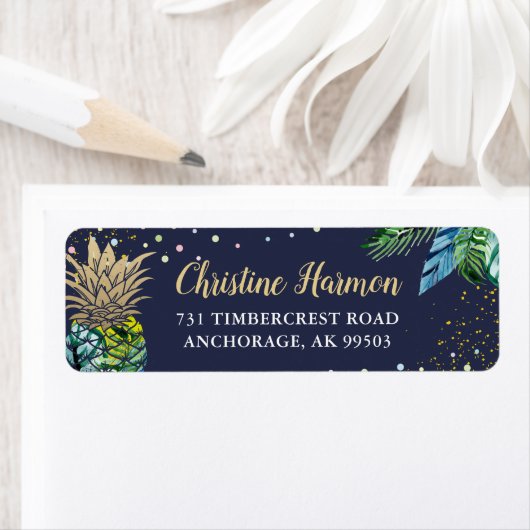 Navy Blue Tropical Pineapple Return Address Etiket (Insitu)