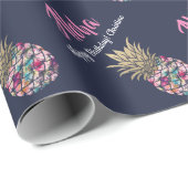 Navy Blue Tropical Pink Gold Pineapple Birthday Cadeaupapier (Rol Hoek)