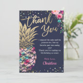 Navy Blue Tropical Pink Gold Pineapple Floral Bedankkaart (Staand voorkant)
