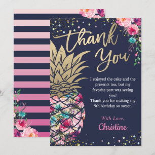 Navy Blue Tropical Pink Gold Pineapple Floral Bedankkaart