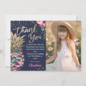 Navy Blue Tropical Pink Gold Pineapple Foto Bedankkaart (Voorkant)