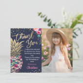 Navy Blue Tropical Pink Gold Pineapple Foto Bedankkaart (Staand voorkant)