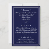 Navy Blue Trouw All In One White Script WS RSVP Kaart (Achterkant)