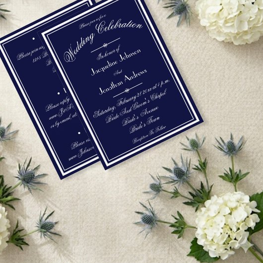 Navy Blue Trouw All In One White Script WS RSVP Kaart