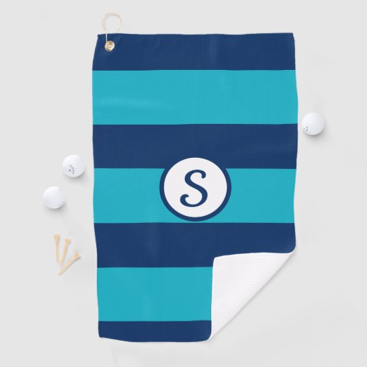 Navy Blue Turquoise Gestreepte Klassieke Monogram Golfhanddoek (Insitu)