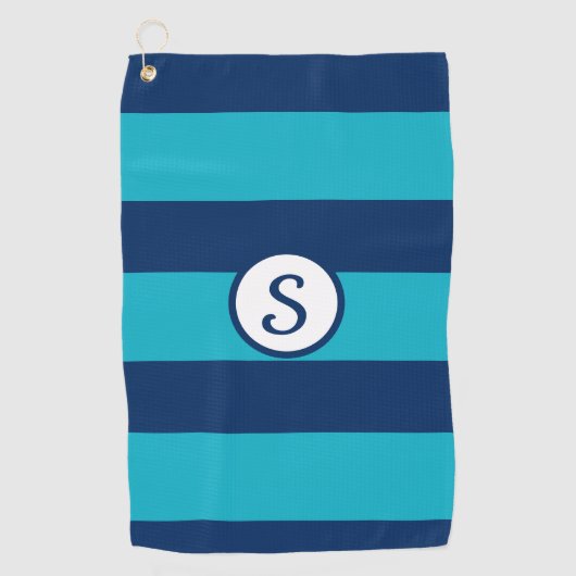 Navy Blue Turquoise Gestreepte Klassieke Monogram Golfhanddoek (Voorkant)