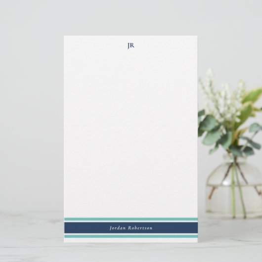 Navy Blue Turquoise Monogrammed Stationery Briefpapier (Staand voorkant)