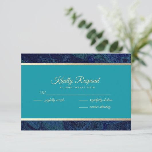 Navy Blue Turquoise Wedding RSVP Kaarten (Staand voorkant)
