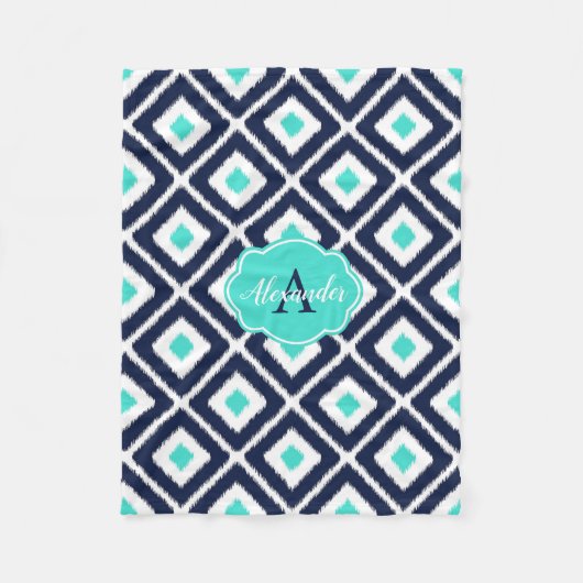 Navy Blue, Turquoise, White Ikat Diamond Fleece Deken (Voorkant)