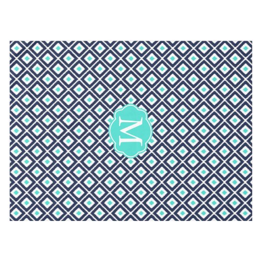 Navy Blue, Turquoise, White Ikat Diamond Tafelkleed (Voorkant (Horizontaal))