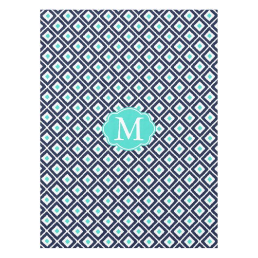 Navy Blue, Turquoise, White Ikat Diamond Tafelkleed (Voorkant)