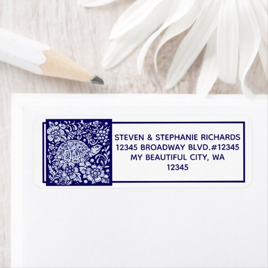 Navy Blue Turtle Garden Floral Snail Cute Delft Etiket (Insitu)