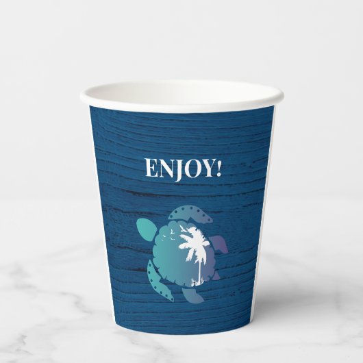 Navy Blue Turtle Rustiek Hout Familie Strandhuis Papieren Bekers (Achterkant)