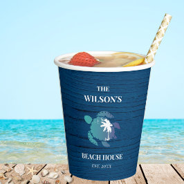 Navy Blue Turtle Rustiek Hout Familie Strandhuis Papieren Bekers