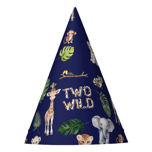 Navy Blue Twee Wild Safari Oerwoud 2e verjaardag Feesthoedjes (Voorkant)