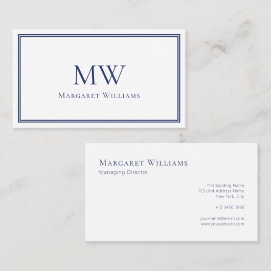 Navy Blue Tweelettermonogram Professioneel Visitekaartje (Voorkant / Achterkant)