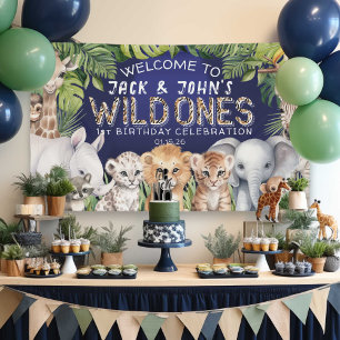 Navy Blue tweeling oerwoud dieren 1e verjaardag we Spandoek