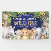 Navy Blue tweeling oerwoud dieren 1e verjaardag we Spandoek (Horizontaal)