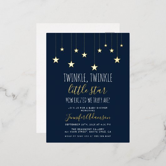 Navy Blue Twinkle Little Star Baby shower Folie Uitnodiging Briefkaart (Voorkant / Achterkant)