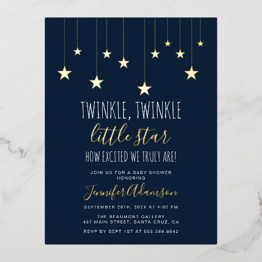 Navy Blue Twinkle Little Star Baby shower Folie Uitnodiging Briefkaart (Voorkant)