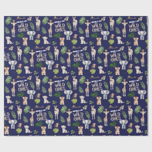 Navy Blue Twins Oerwoud Animals Boy 1st birthday. Cadeaupapier (Vlak)