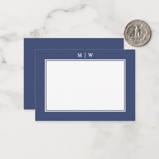 Navy Blue Two Border Minimalist Monogram Notitiekaartje (Voorkant / Achterkant in situ)