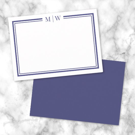 Navy Blue Two Border Minimalist Monogram Notitiekaartje