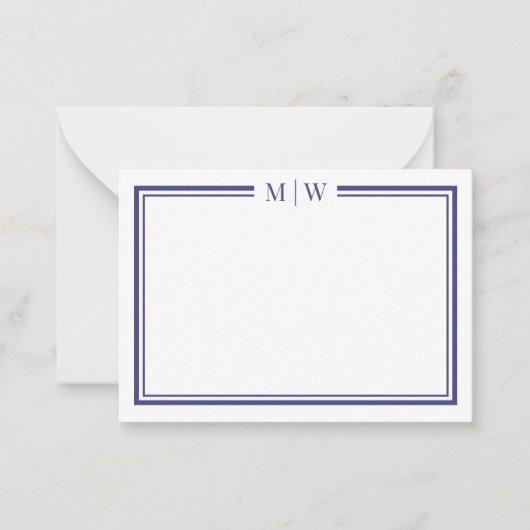 Navy Blue Two Border Minimalist Monogram Notitiekaartje (Voorkant)