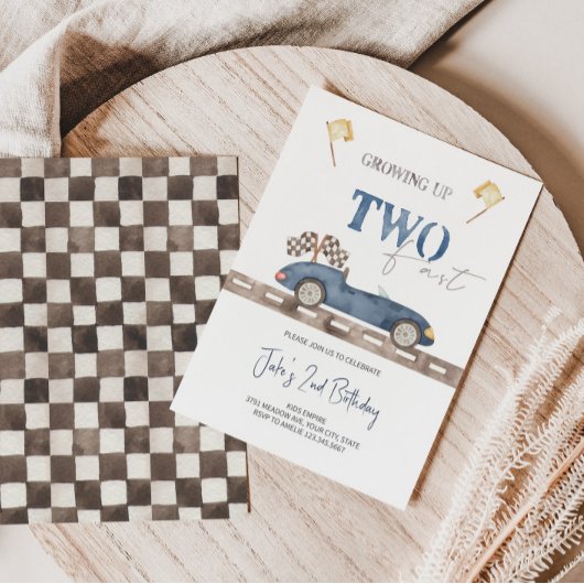 Navy Blue Two Fast Race Auto Verjaardag uitnodigin Kaart