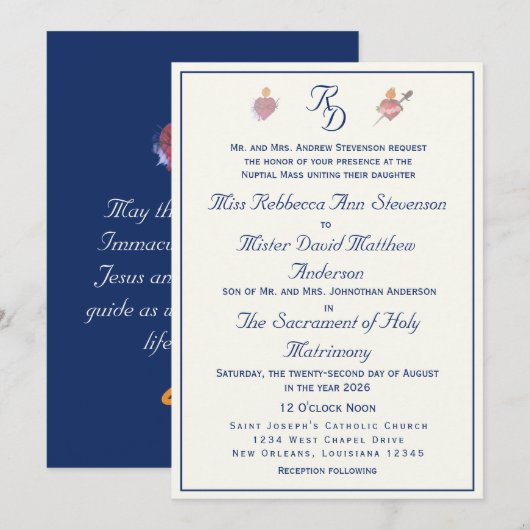Navy-Blue Two Hearts Catholic Wedding  Kaart (Voorkant / Achterkant)