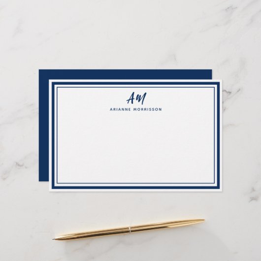 Navy Blue Two Monogram Thin & Thick Border Briefpapier (Voorkant / Achterkant in situ)