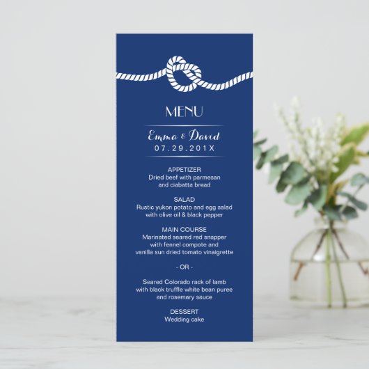Navy Blue Tying the Knot Nautical Wedding Menu (Staand voorkant)