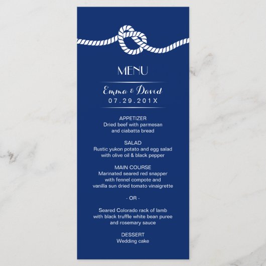 Navy Blue Tying the Knot Nautical Wedding Menu (Voorkant)