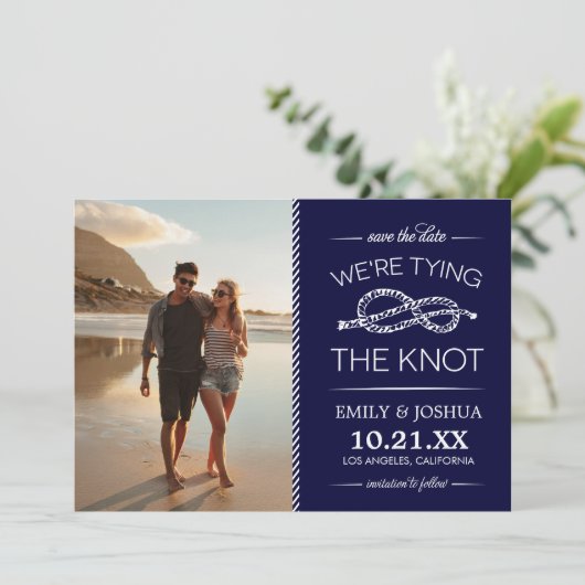 Navy Blue Tying the Knot Photo Save the Date (Staand voorkant)