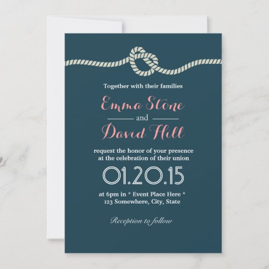 Navy Blue Tying the Knot Wedding Invitations Kaart (Voorkant)
