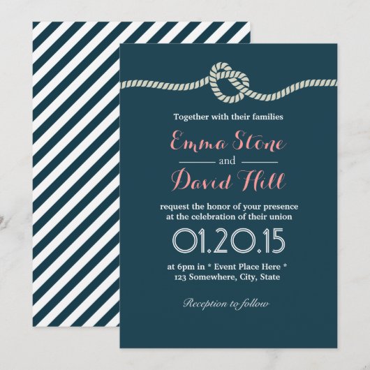 Navy Blue Tying the Knot Wedding Invitations Kaart (Voorkant / Achterkant)