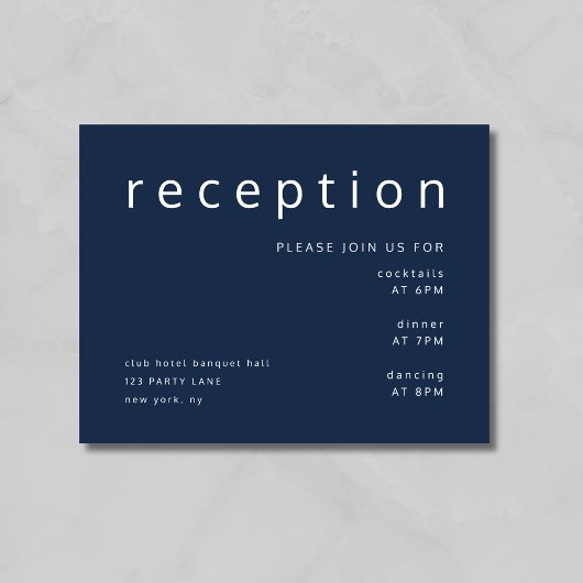 Navy Blue Typografie Elegant Wedding Reception Informatiekaartje